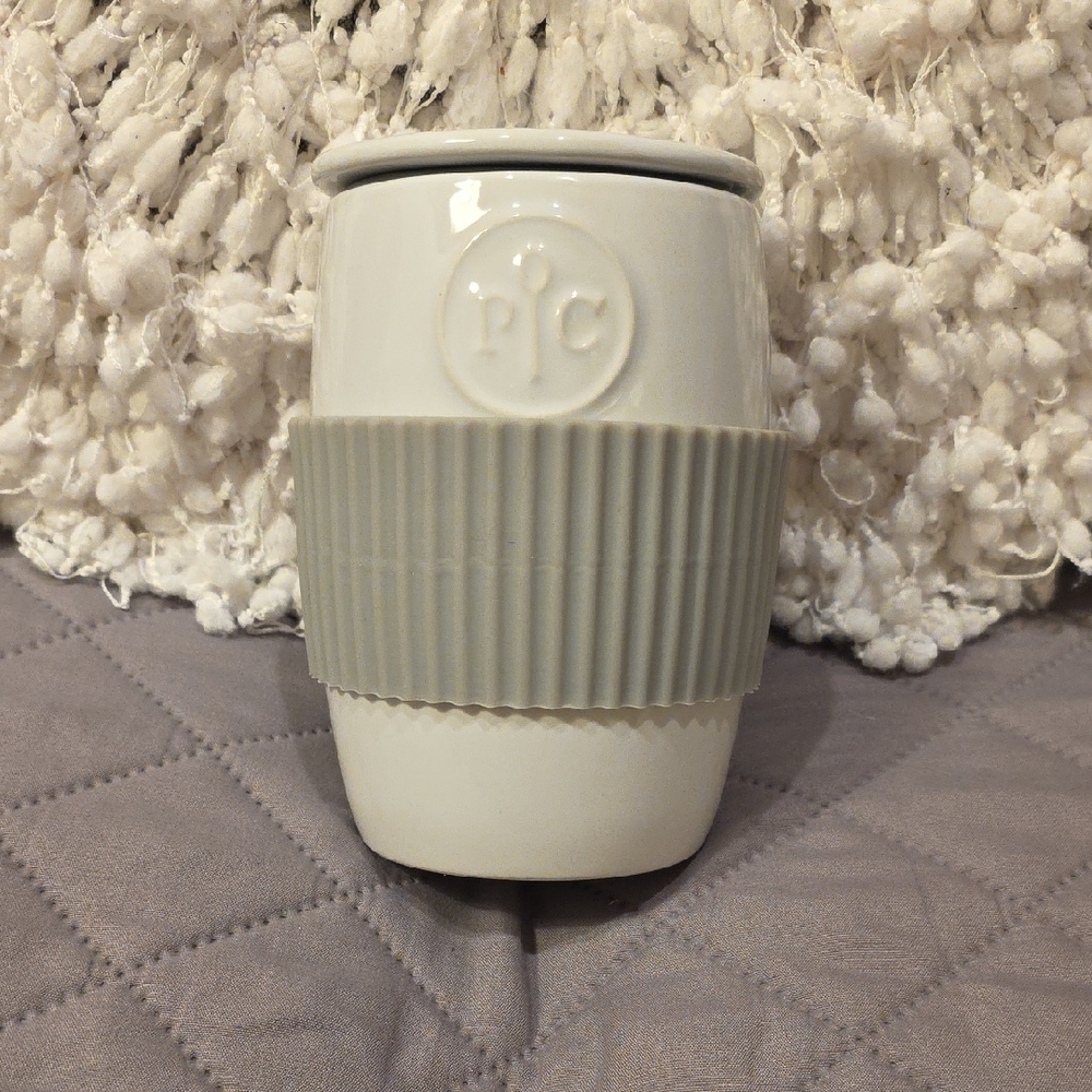 The Pampered Chef White Ceramic Egg Cooker with Gray Silicon Grip Sleeve